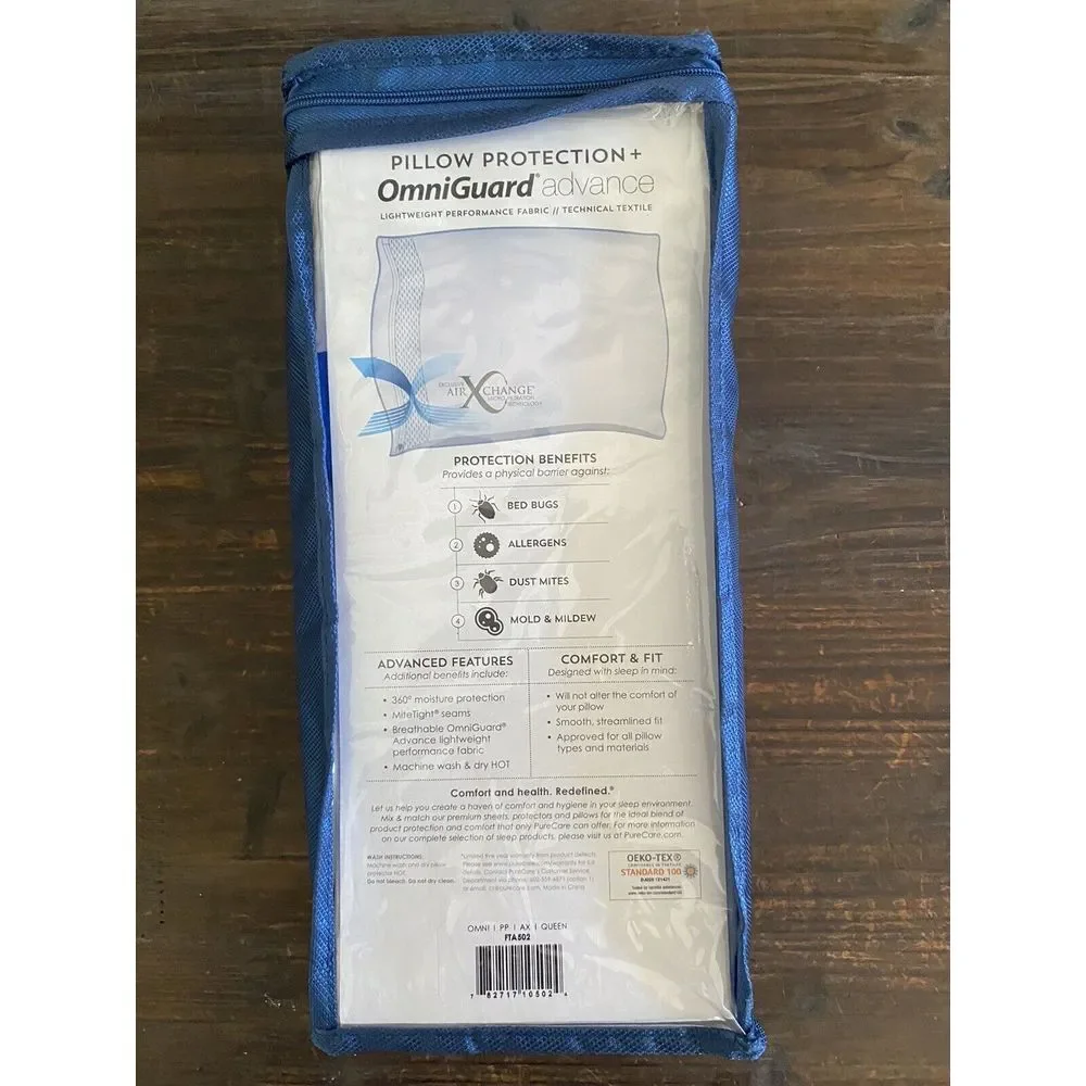 Pure Care Pillow Protector FTA502 Omniguard Queen New